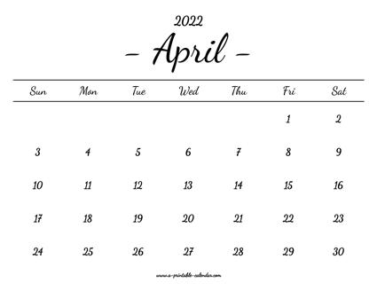 April Calendar 2022 Printable