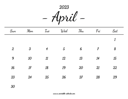 April Calendar 2023 Printable