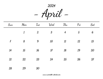 April Calendar 2024 Printable