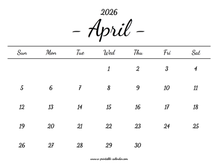 April Calendar 2026 Printable
