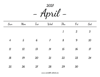 April Calendar 2027 Printable