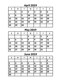 April, May and June 2019 Calendar
