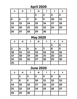 April, May and June 2020 Calendar