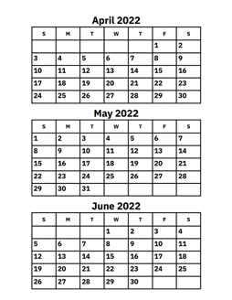 April, May and June 2022 Calendar