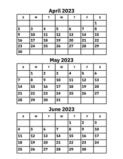 April, May and June 2023 Calendar