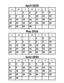April, May and June 2025 Calendar