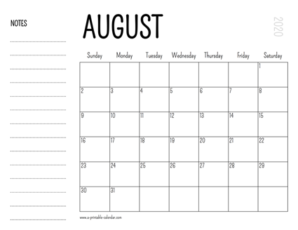 August 2020 Printable Calendar