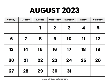 August 2023 Calendar Printable