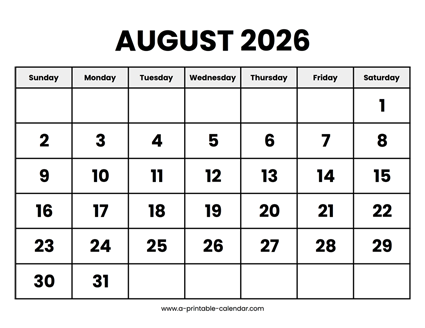 August 2026 Calendar Printable