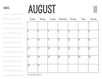 August 2026 Printable Calendar
