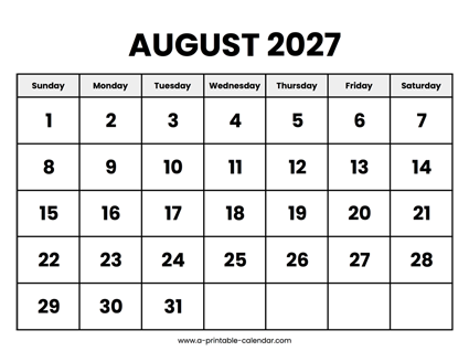 August 2027 Calendar Printable