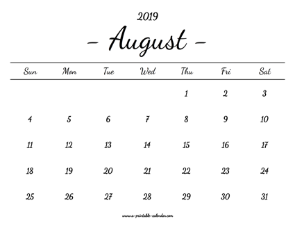 August Calendar 2019 Printable