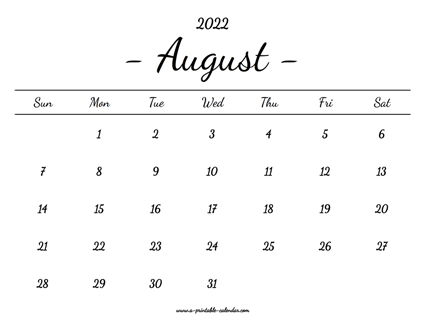 August Calendar 2022 Printable