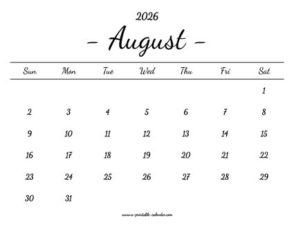 August Calendar 2026 Printable