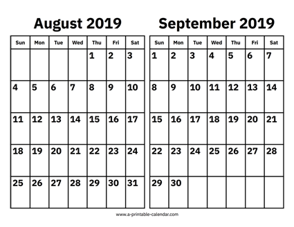 August and September 2019 Calendar