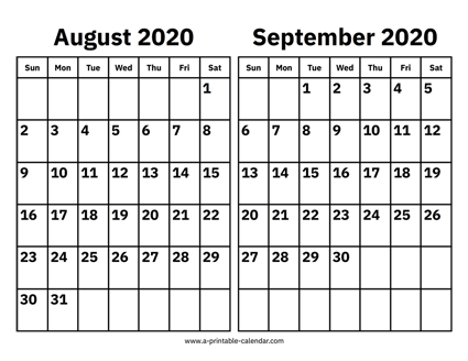 august and september 2020 calendar printable calendar 2020