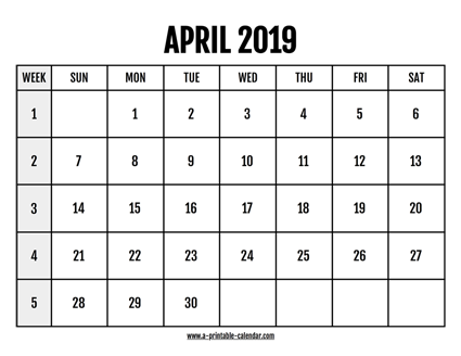 Calendar 2019 April