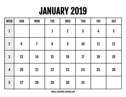 Calendar 2019 January A Printable - Calendar 2019 January 
