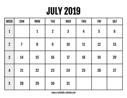 Calendar 2019 July