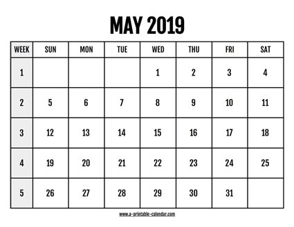 Calendar 2019 May