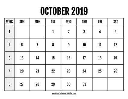 Calendar 2019 October - A Printable Calendar