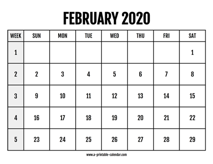Calendar 2020 February