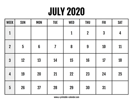 Calendar 2020 July