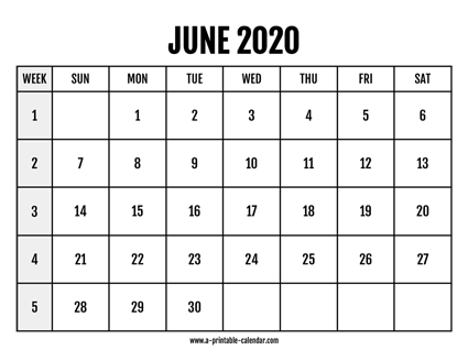 Calendar 2020 June