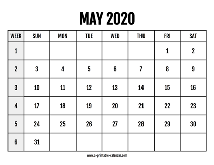 Calendar 2020 May