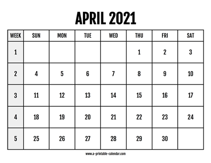Calendar 2021 April