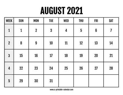 Calendar 2021 August