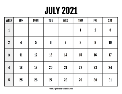Calendar 2021 July