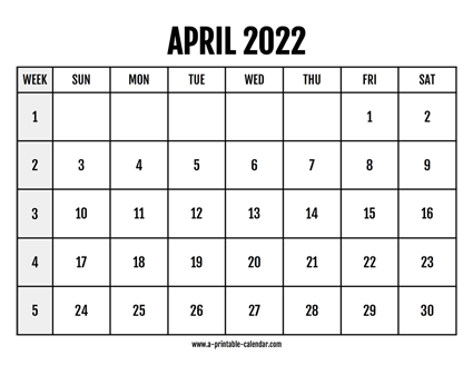 Calendar 2022 April