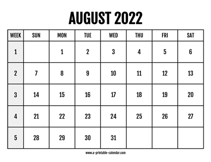 Calendar 2022 August