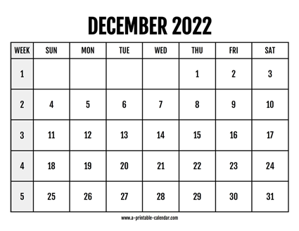 Calendar 2022 December