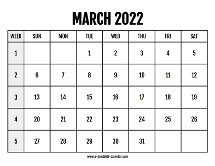Calendar 2022 March