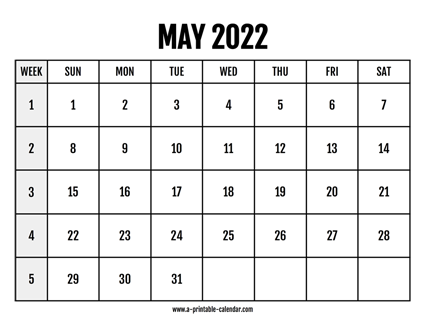 Calendar 2022 May