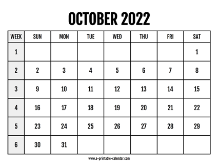 Calendar 2022 October