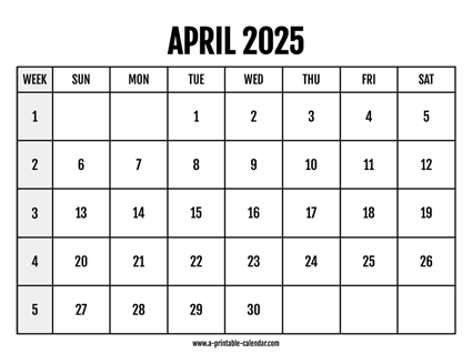 Calendar 2025 April