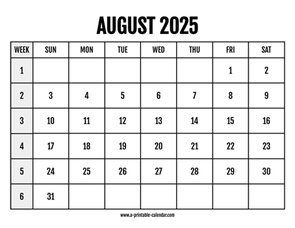 Calendar 2025 August