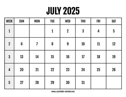 Calendar 2025 July