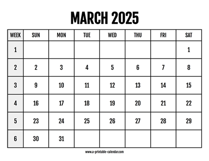 Calendar 2025 March