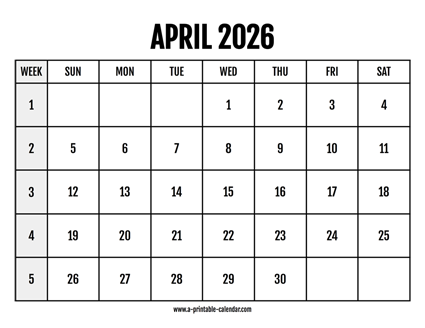 Calendar 2026 April