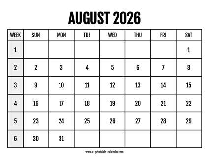 Calendar 2026 August