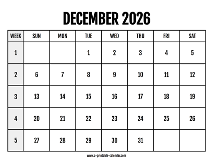 Calendar 2026 December