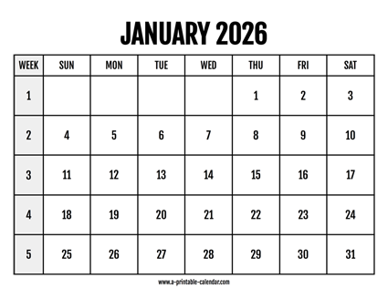 Calendar 2026 January