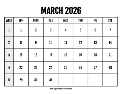 Calendar 2026 March