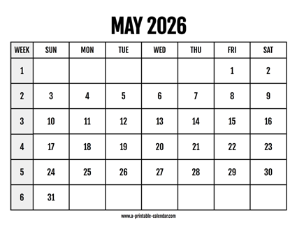 Calendar 2026 May