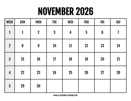 Calendar 2026 November