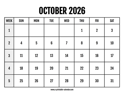 Calendar 2026 October